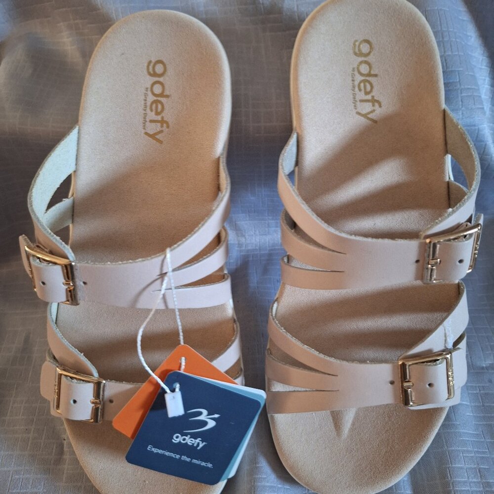 G-Defy women's Ortal Leather Sandal size 9 in Beige